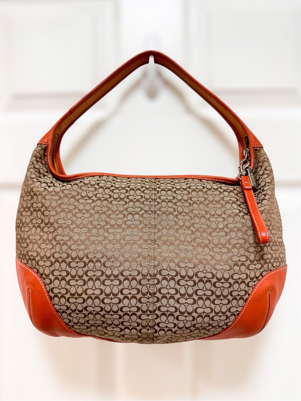 Coach Ergo Large Crescent Hobo Bag Brown Monogram Canvas Orange Leather